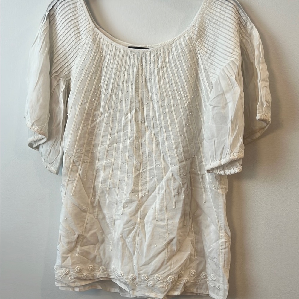 Cream Pleated 3/4 Sleeve Blouse